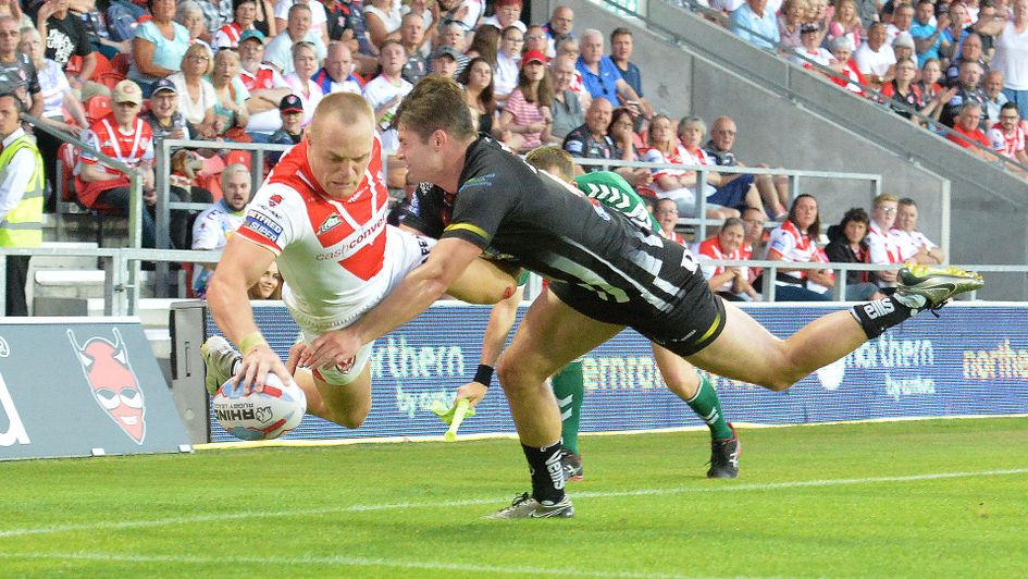 Adam Swift scores St Helens' sixth try v Widnes