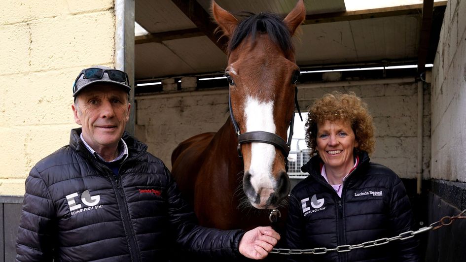 Peter Scudamore and Lucinda Russell pose with Grand National winner Corach Rambler