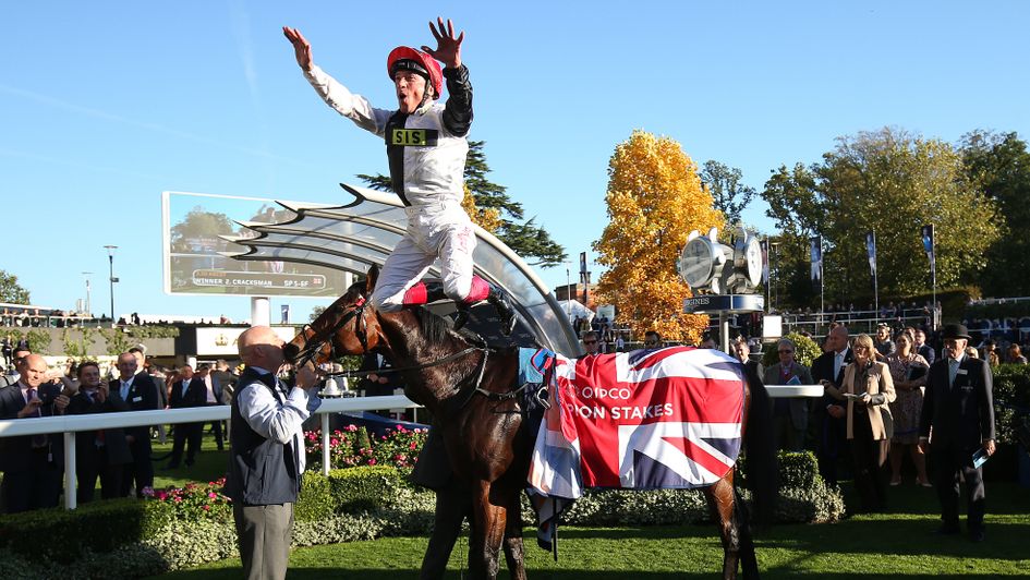 Cracksman has Frankie Dettori jumping for joy at last year's QIPCO British Champions Day