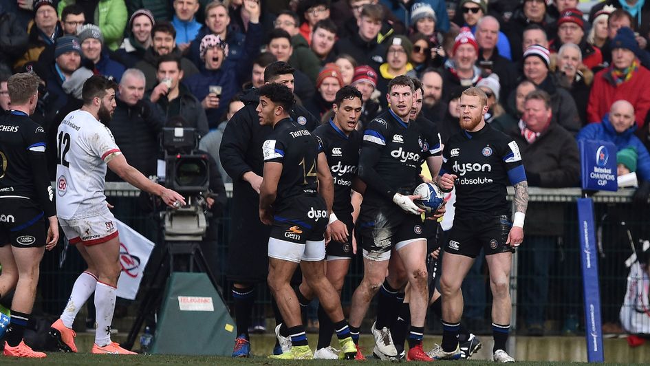 Ruaridh McConnochie of Bath is congratulated by team mates after scoring at Ulster
