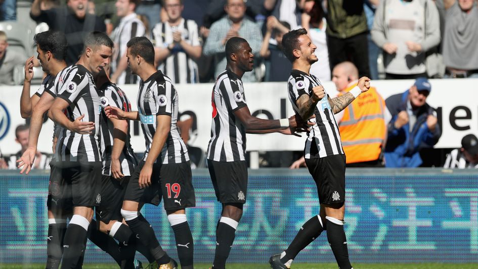 Joselu celebrates his first goal for Newcastle