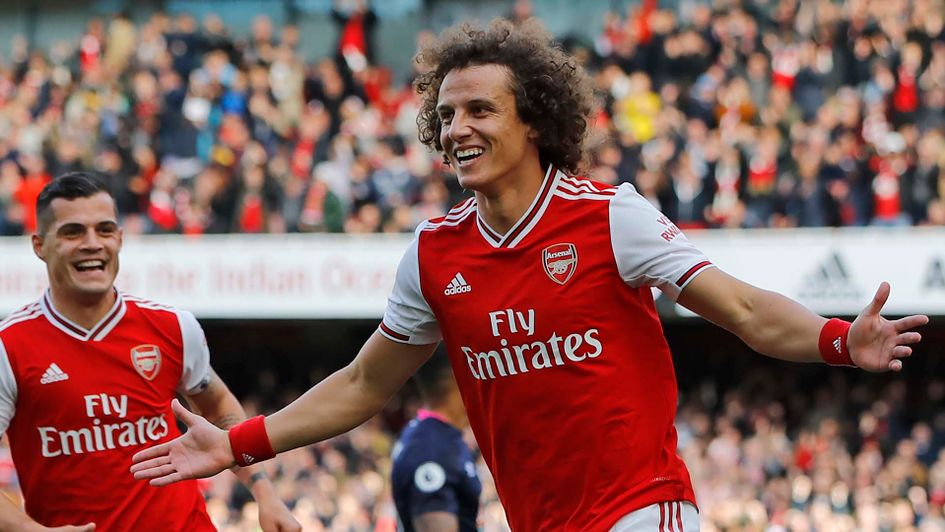 David Luiz celebrates scoring his first Arsenal goal against Bournemouth in the Premier League at the Emirates