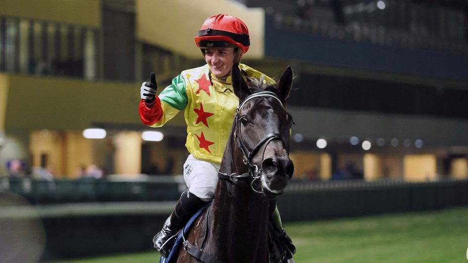 Hollie Doyle celebrates a Valley win on Soleil Fighter