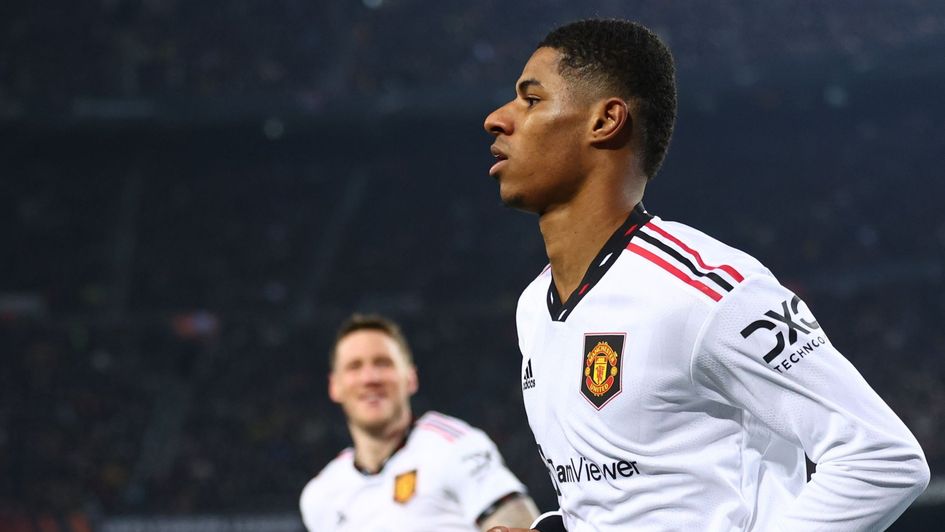 Marcus Rashford wheels away after scoring against Barcelona