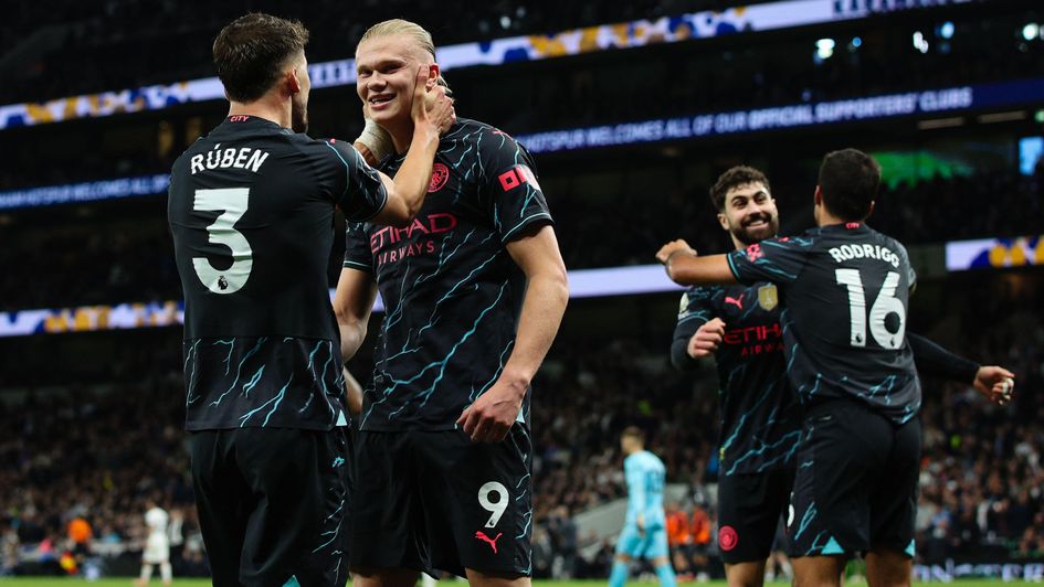 Erling Haaland celebrates a goal against Tottenham