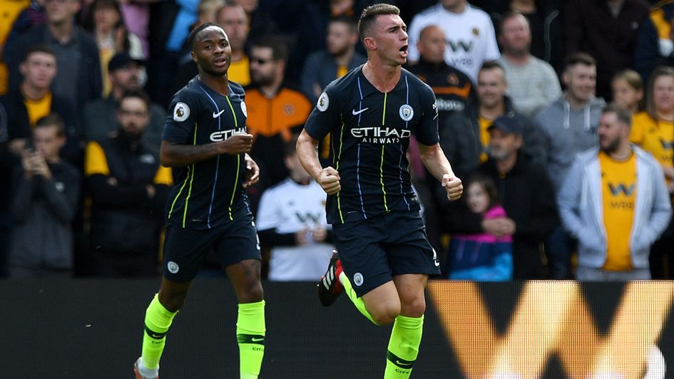 Aymeric Laporte: The French defender celebrates his first goal for Manchester City