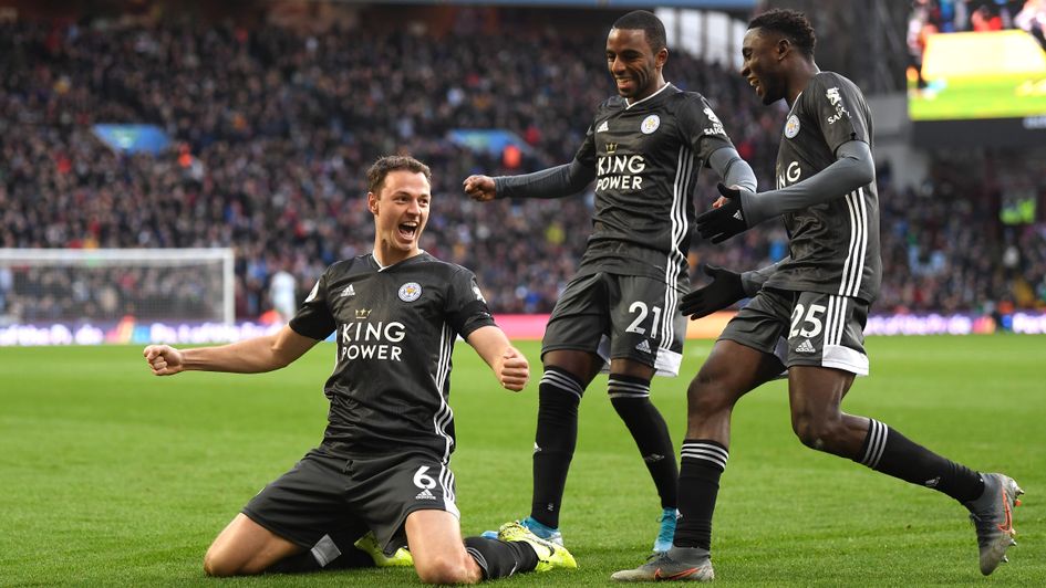 Jonny Evans: Leicester defender celebrates his goal against Aston Villa