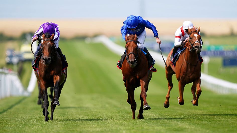 Castle Way (royal blue silks) wins narrowly from Tower Of London (left)