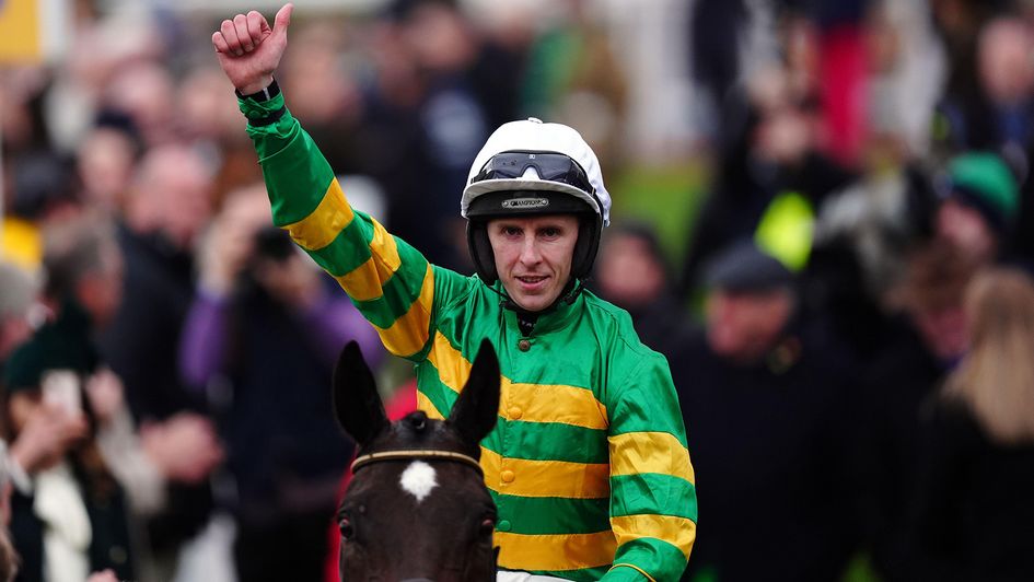 Mark Walsh celebrates on Fact To File after winning the Ryanair Chase