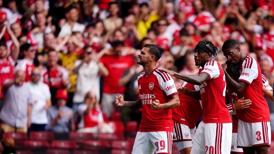 Arsenal's Bruno Guimaraes (left) celebrates after Kai Havertz scores their side's second goal during the FA Community Shield match at the Principality Stadium, Cardiff
