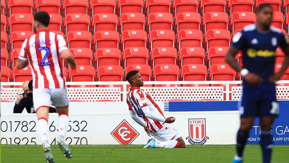 Stoke's Tyrese Campbell celebrates his goal against Fulham