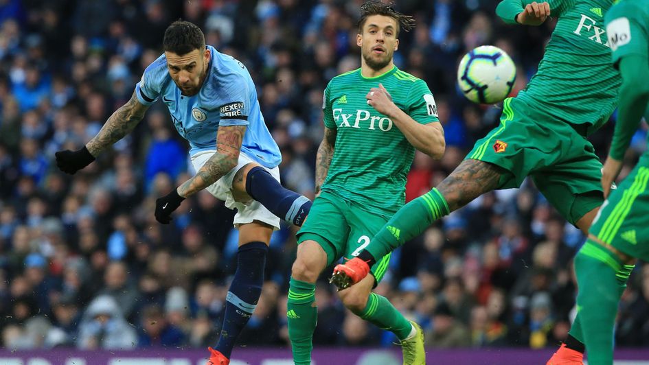 Nicolas Otamendi tries his luck for Manchester City against Watford