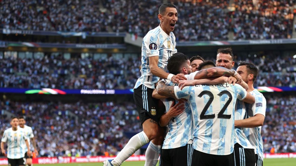 Argentina celebrate a Lautaro Martinez goal