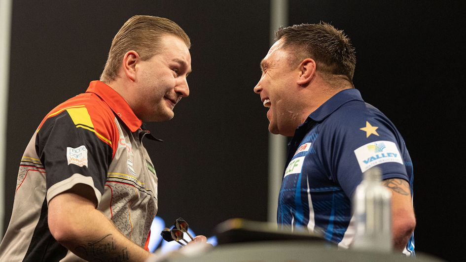 Dimitri Van den Bergh and Gerwyn Price (Picture: Taylor Lanning/PDC)