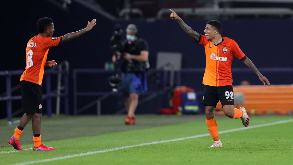 Celebrations for Shakhtar's Dodo in the Europa League quarter-final win over Basel