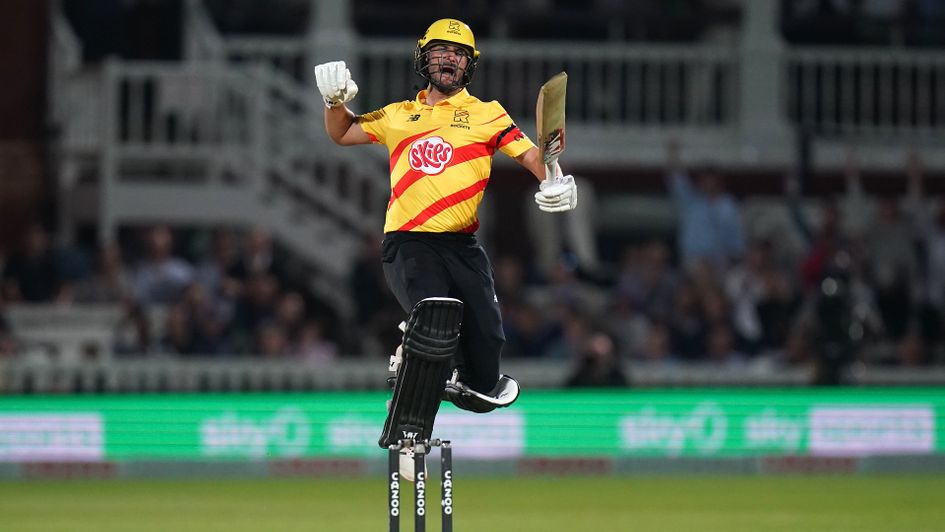 Trent Rockets captain Lewis Gregory celebrates hitting the winning runs