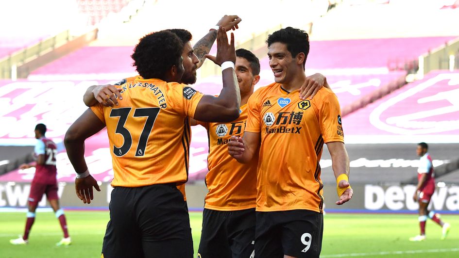 Raul Jimenez: Wolves celebrate the Mexican forward's opening goal against West Ham
