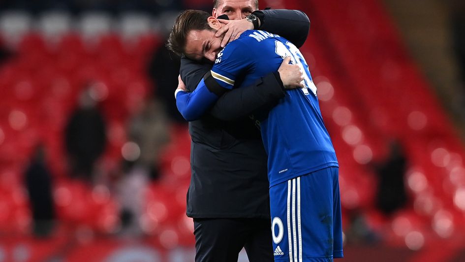 Brendan Rodgers and James Maddison celebrate Leicester's win over Southampton