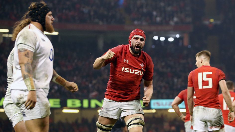 Wales' Cory Hill celebrates scoring his side's first try