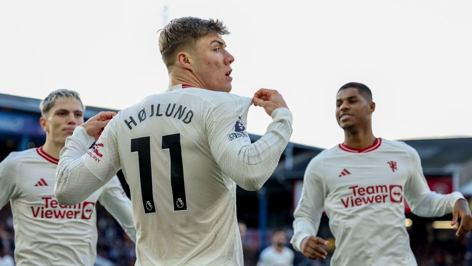 Rasmus Hojlund: The Danish forward celebrates one of two goals at Luton