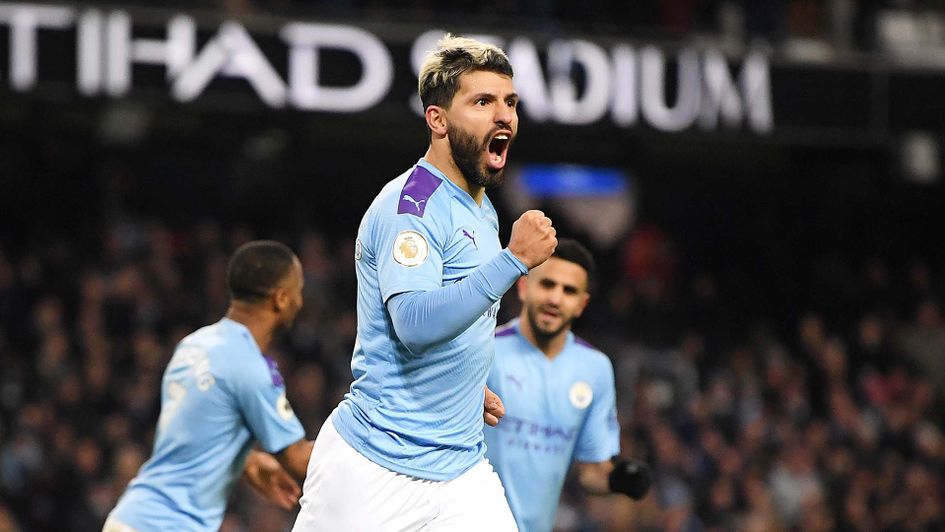 Sergio Aguero celebrates scoring for Manchester City at the Etihad