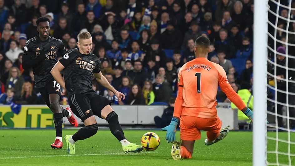 Oleksandr Zinchenko sees a shot saved against Brighton