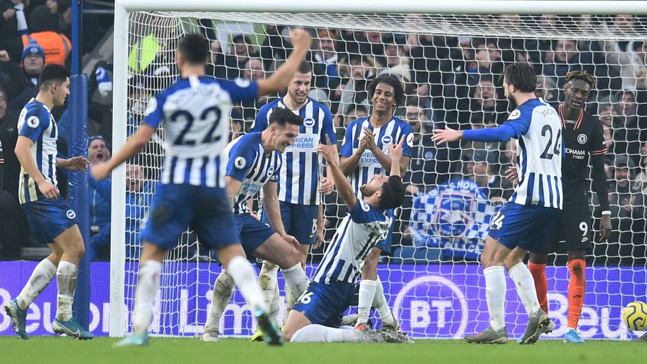 Brighton celebrate Alireza Jahanbakhsh's goal against Chelsea