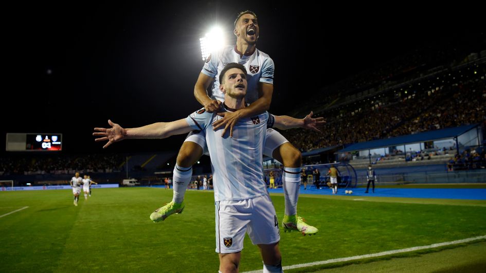 Declan Rice celebrates West Ham's second goal against Dinamo Zagreb