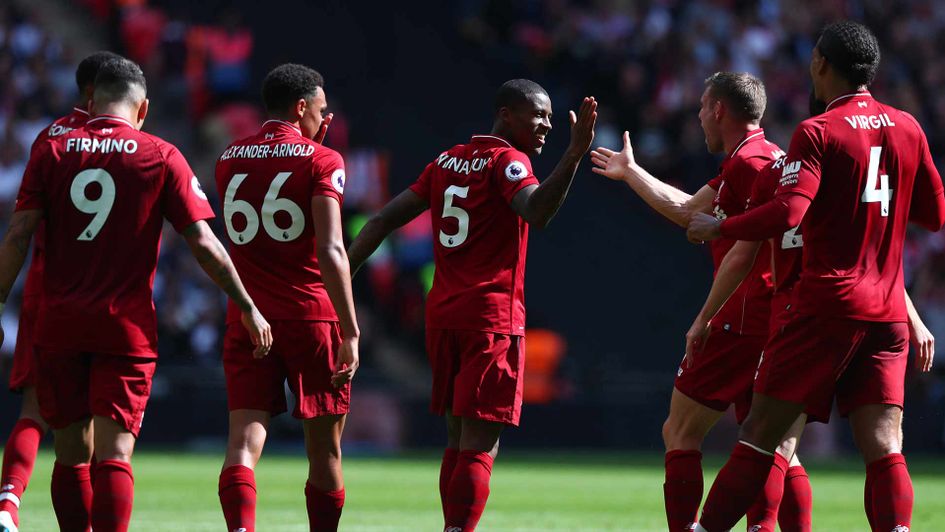Gini Wijnaldum celebrates a goal for Liverpool