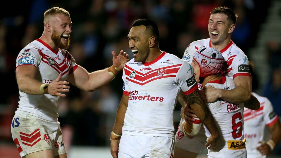 Zeb Taia celebrates scoring a try for St Helens in the Super League