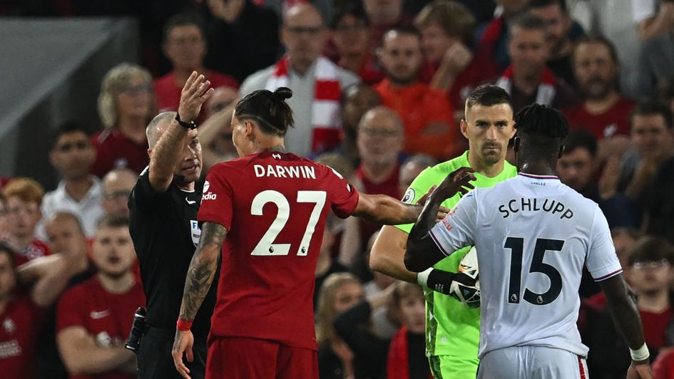 Darwin Nunez is sent off at Anfield