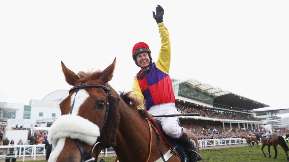 Richard Johnson celebrates as Native River wins the Gold Cup