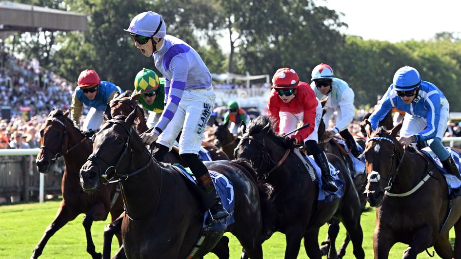 Billy Loughnane celebrates as Comanche Brave wins the July Cup