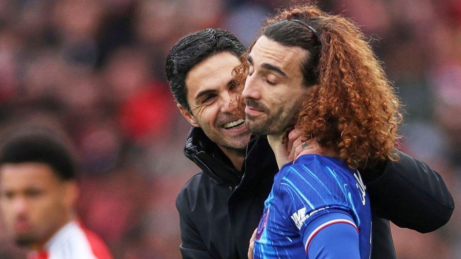Chelsea's Marc Cucurella, right, and Arsenal's manager Mikel Arteta