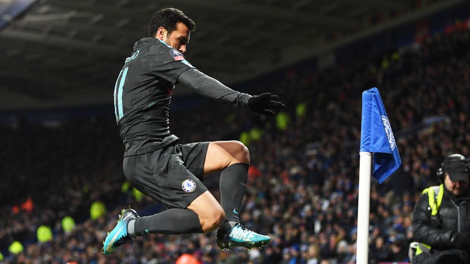 Pedro celebrates Chelsea's winner against Leicester