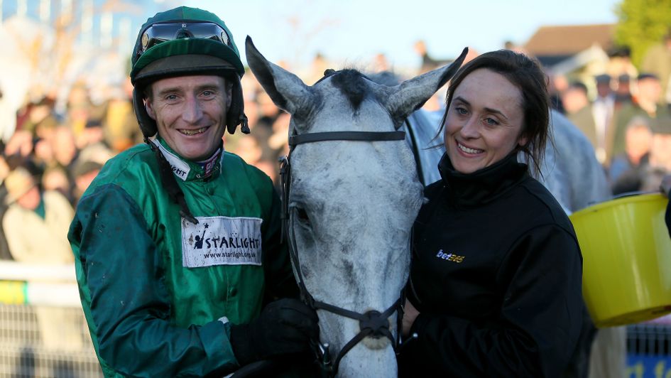 Bristol De Mai with his lass and jockey Daryl Jacob after winning the Charlie Hall Chase
