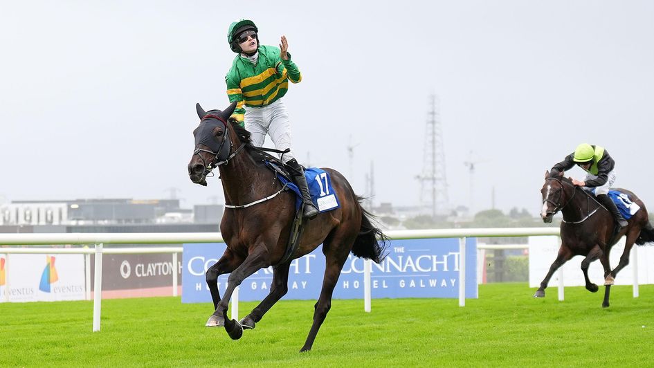 Alan O'Sullivan celebrates aboard Filey Bay after winning the Connacht Hotel Handicap at Galway