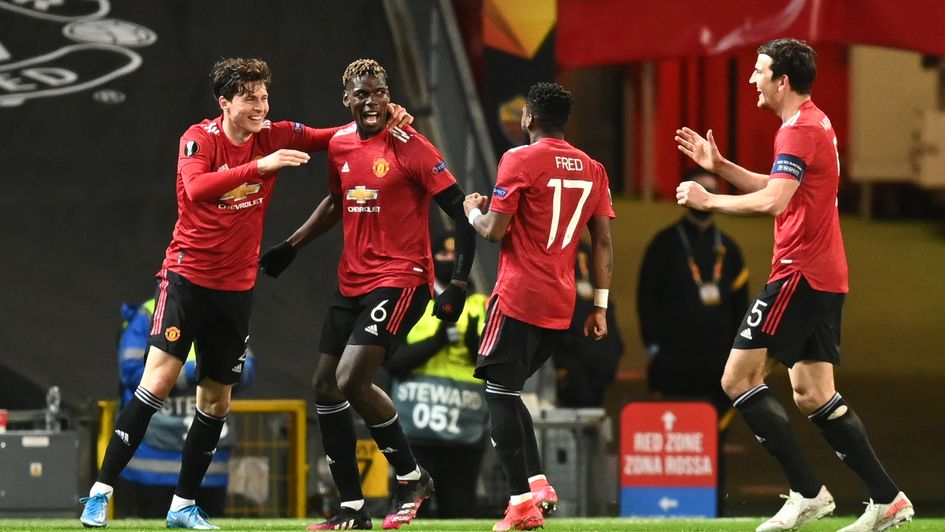 Paul Pogba of Manchester United celebrates his goal against AS Roma