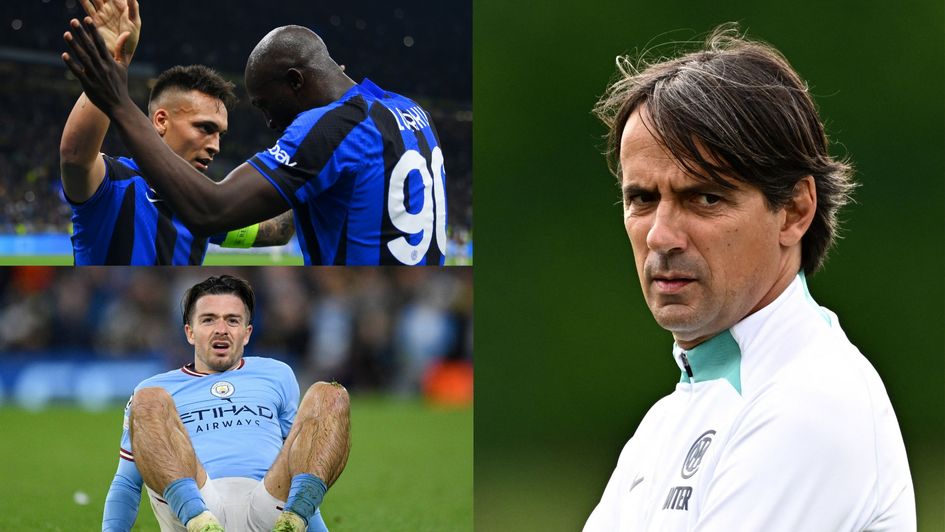 Inter Milan strikers Romelu Lukaku and Lauturo Martinez, Manchester City winger Jack Grealish and Inter coach Simone Inzaghi