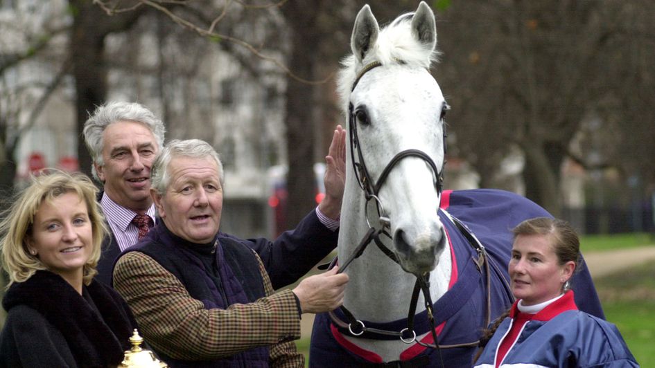 Desert Orchid in Hyde Park, London, with trainer David Elsworth (second right)