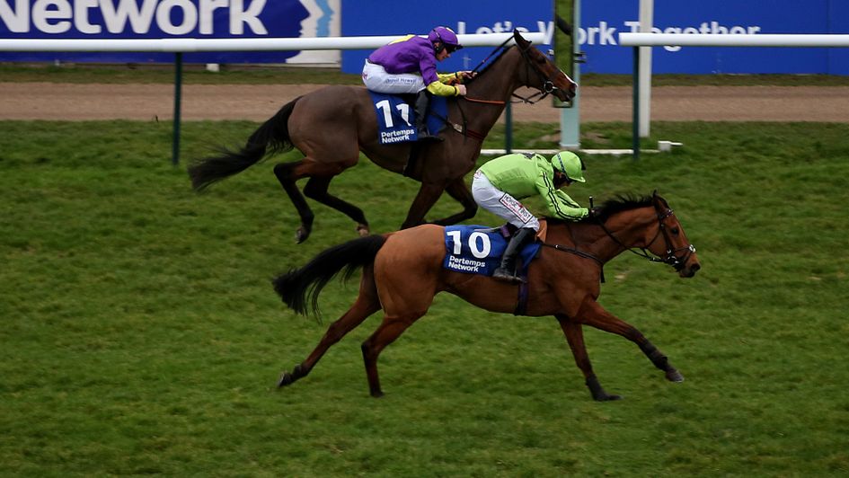 Silver Sheen (green silks) pictured in winning action