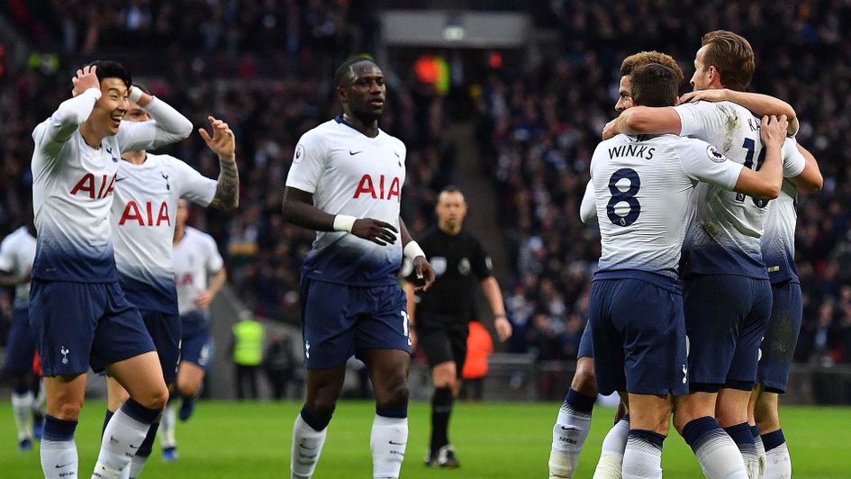 Harry Kane celebrates scoring for Tottenham at Wembley