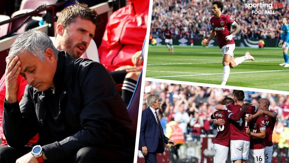 Jose Mourinho's week went from bad to worse (left), West Ham celebrations (right)