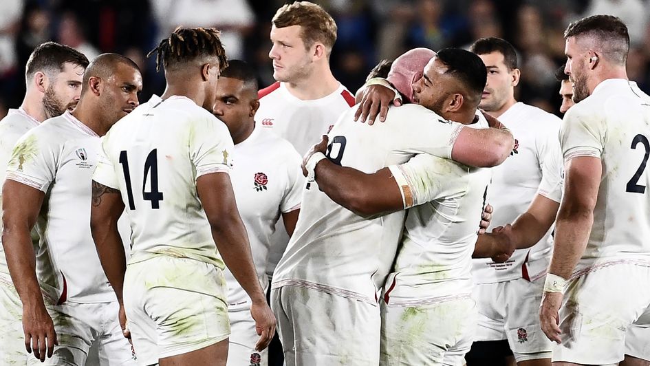 England's players celebrate together after their famous 19-7 World Cup semi-final victory over New Zealand