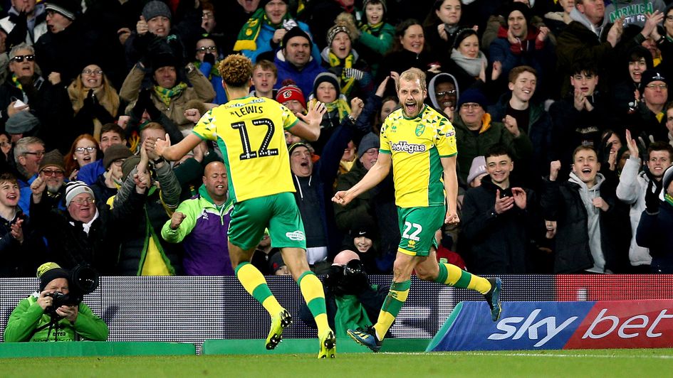 Norwich's Teemu Pukki celebrates after scoring against Birmingham