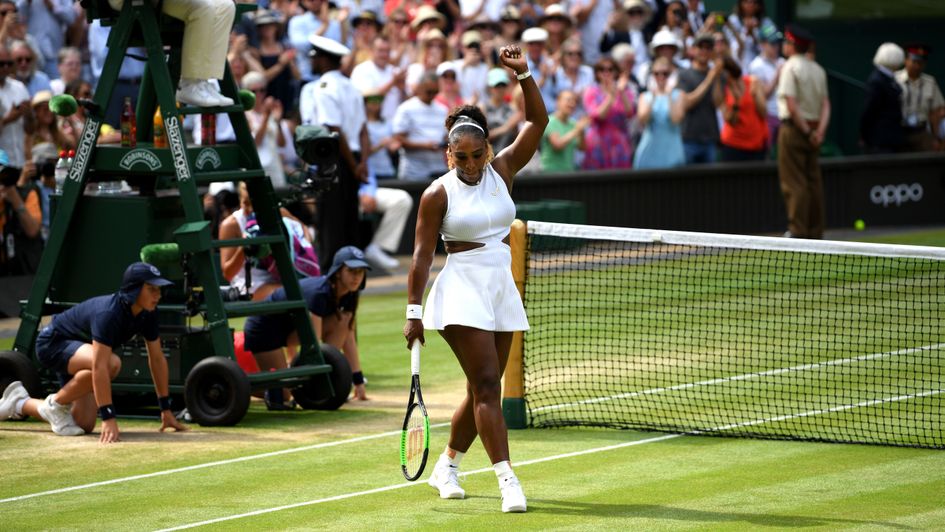 Serena Williams celebrates after reaching another Wimbledon final