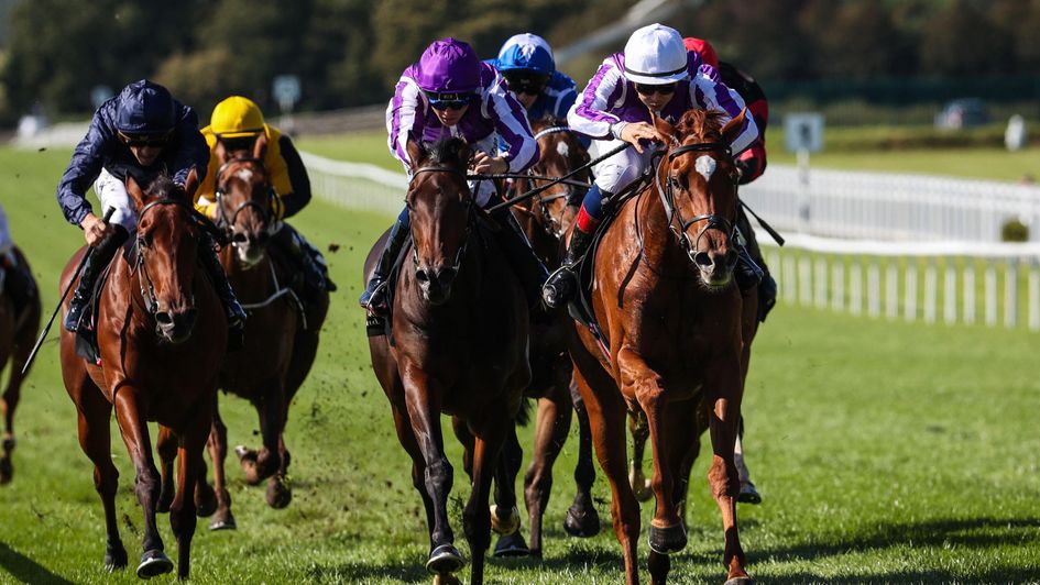 Precise is in command of the Moyglare Stud Stakes