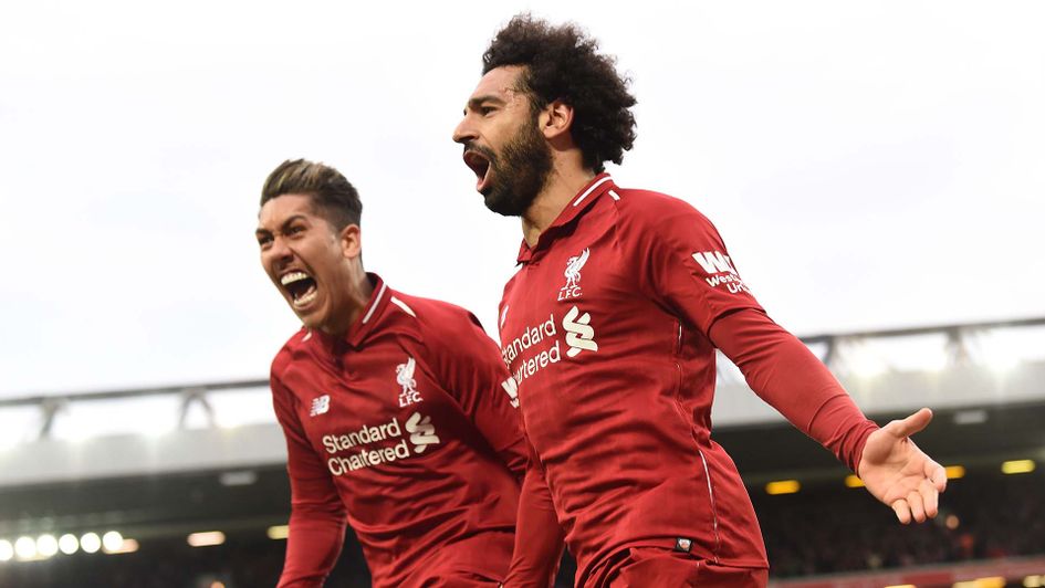 Mohamed Salah and Roberto Firmino celebrate during Liverpool v Tottenham