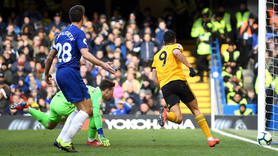 Raul Jimenez: The forward runs towards Wolves fans after scoring against Chelsea at Stamford Bridge