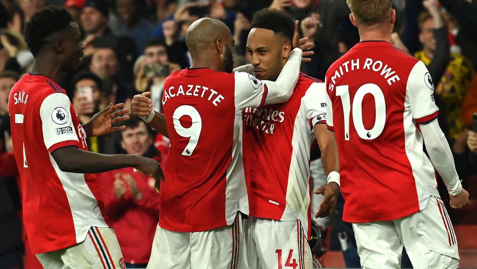Arsenal celebrate one of their goals in the 3-1 win over Aston Villa